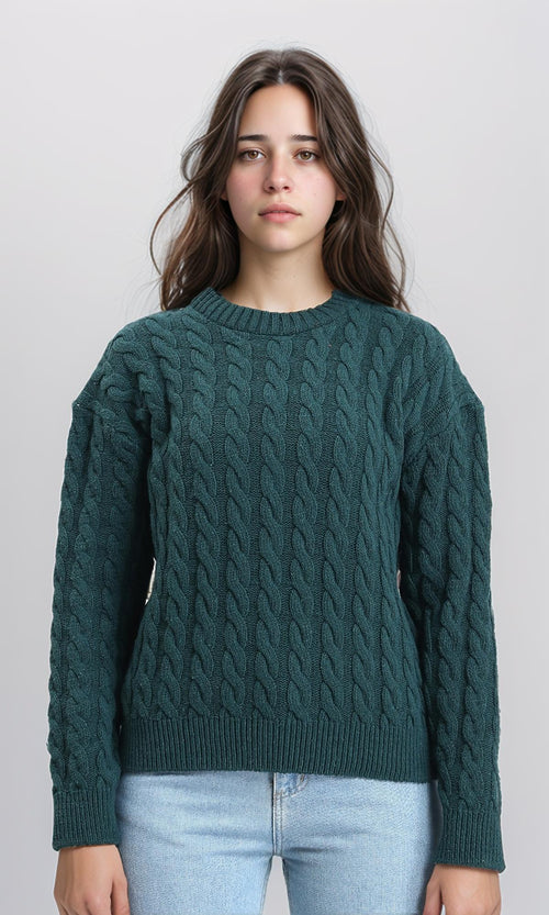 R213634 - Long Sleeves Braided Knit Pullover - Dark Green