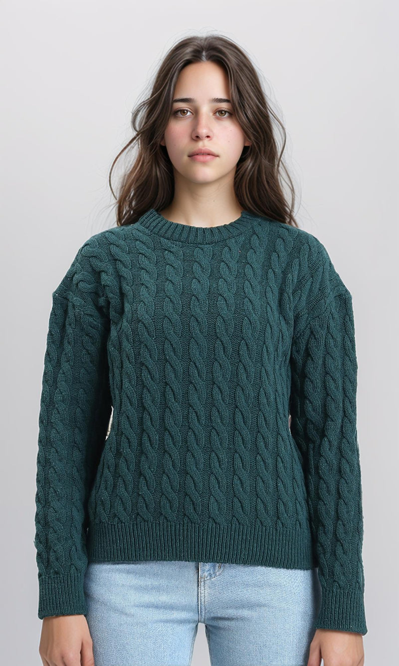 R213634 - Long Sleeves Braided Knit Pullover - Dark Green