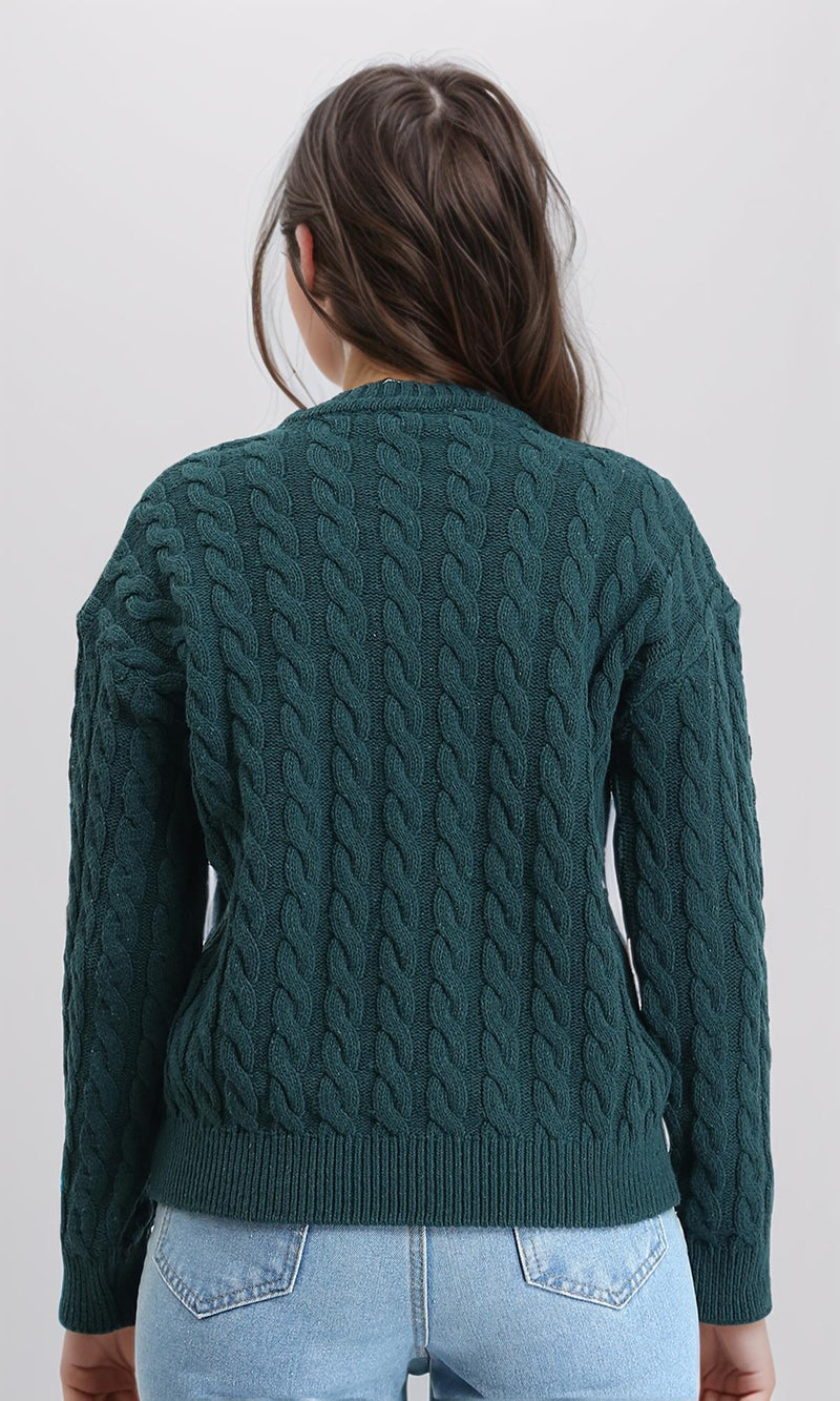 R213634 - Long Sleeves Braided Knit Pullover - Dark Green