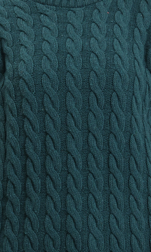 R213634 - Long Sleeves Braided Knit Pullover - Dark Green