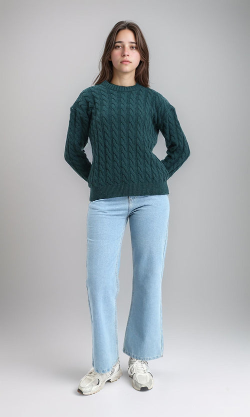R213634 - Long Sleeves Braided Knit Pullover - Dark Green