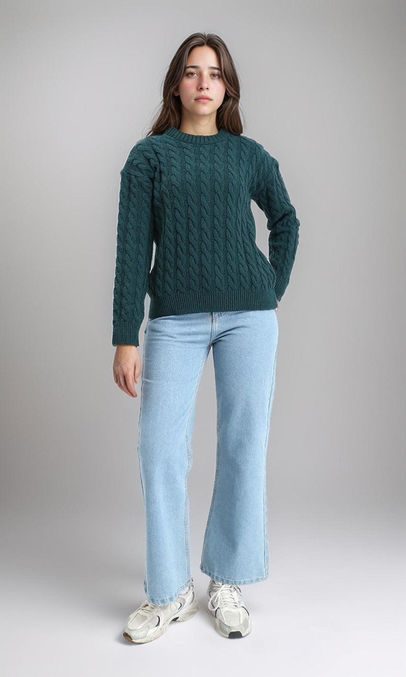 R213634 - Long Sleeves Braided Knit Pullover - Dark Green
