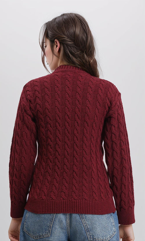 R213635 - Long Sleeves Braided Knit Pullover - Burgundy