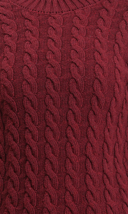R213635 - Long Sleeves Braided Knit Pullover - Burgundy