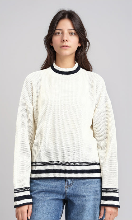 R213636 - Lined Mock Neck Knitted Pullover - Off-White