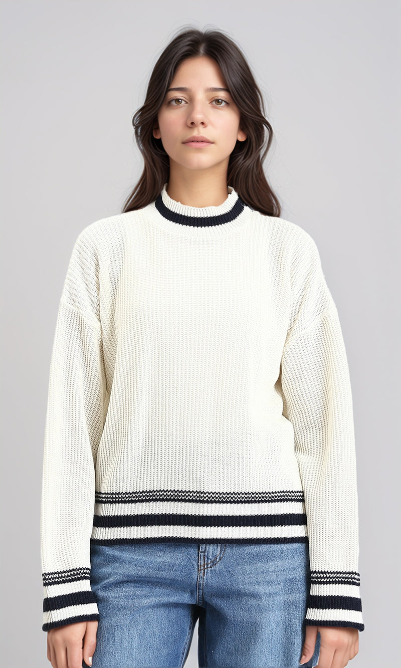 R213636 - Lined Mock Neck Knitted Pullover - Off-White