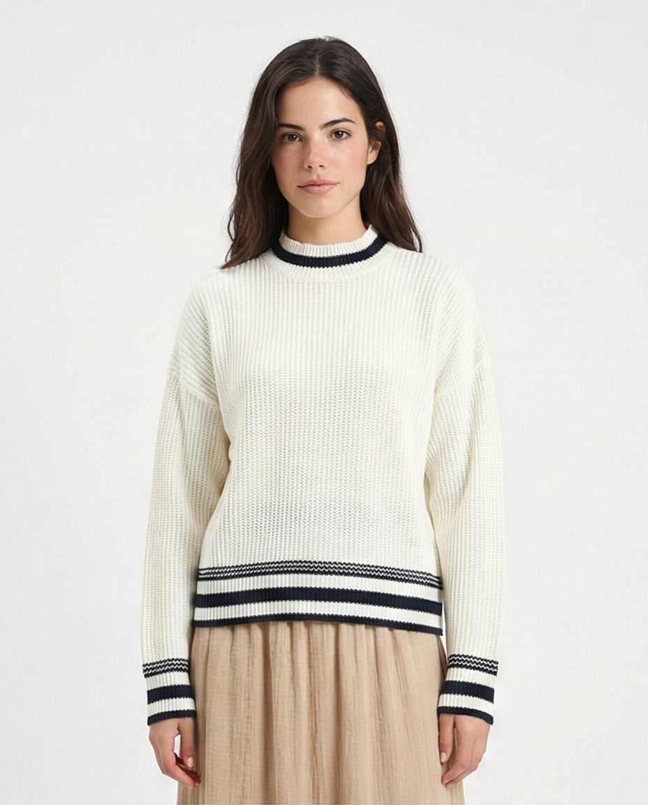 Lined Mock Neck Knitted Pullover - Off-White