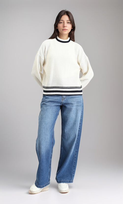 R213636 - Lined Mock Neck Knitted Pullover - Off-White