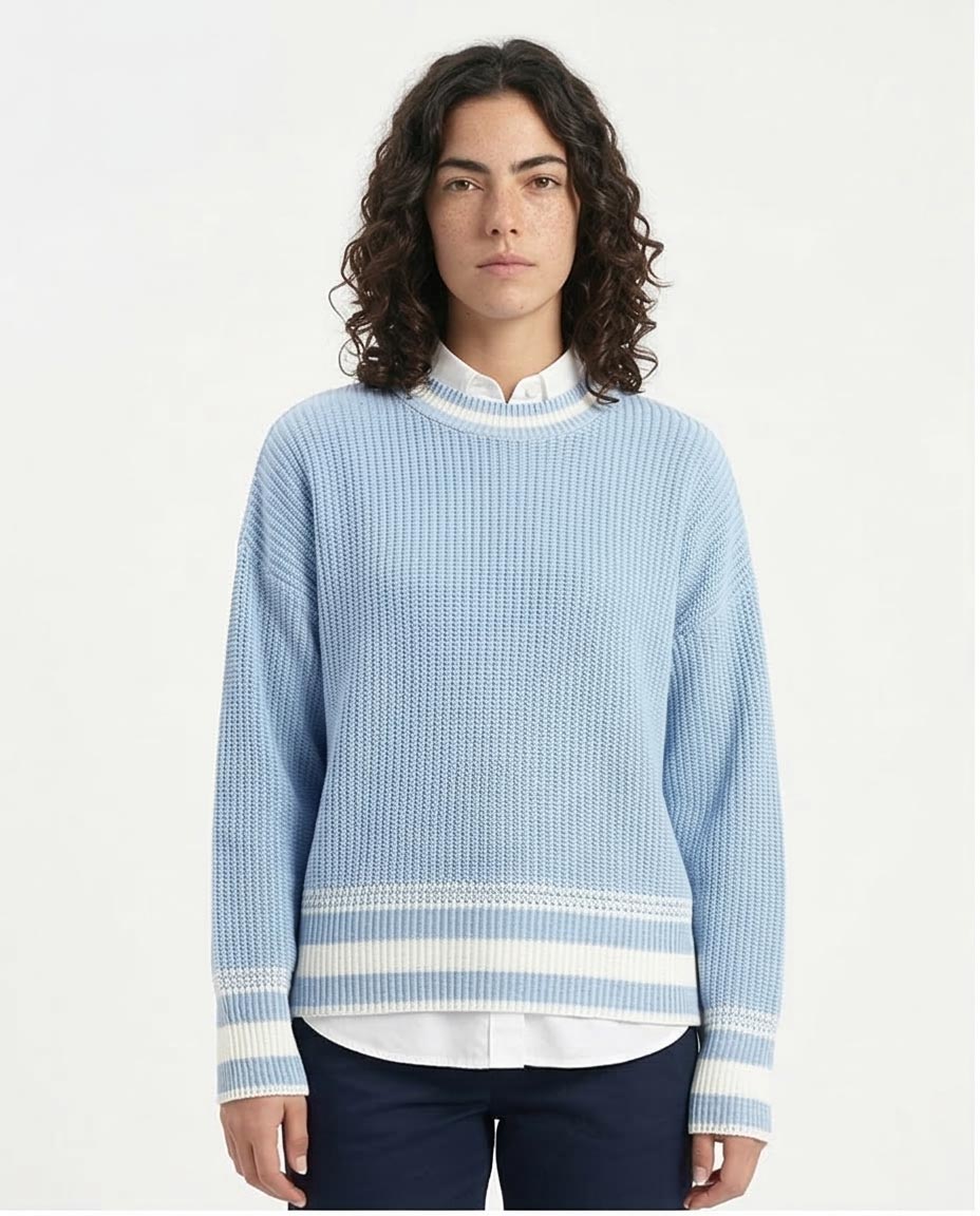 Ravin Women's Relaxed Shaker-Stitch Knit Sweater with Contrast Tipping- Baby Blue