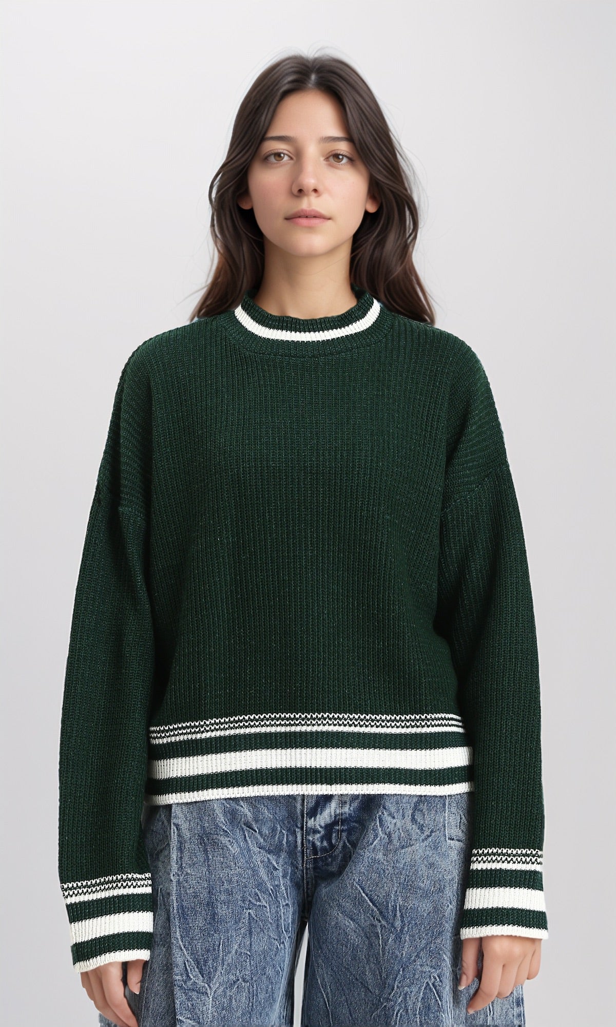 Lined Mock Neck Knitted Pullover - Dark Green