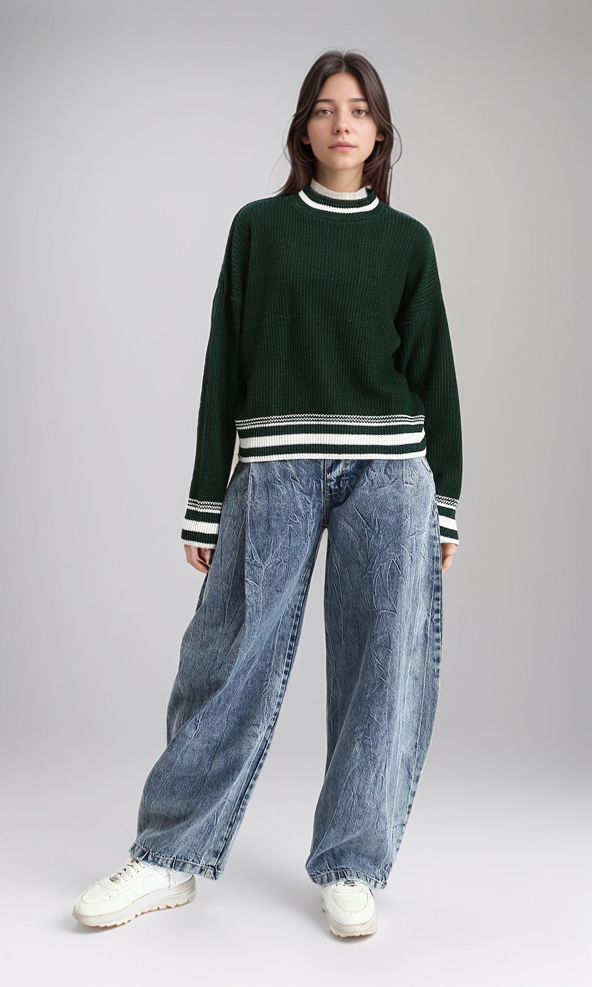 R213639 - Lined Mock Neck Knitted Pullover - Dark Green