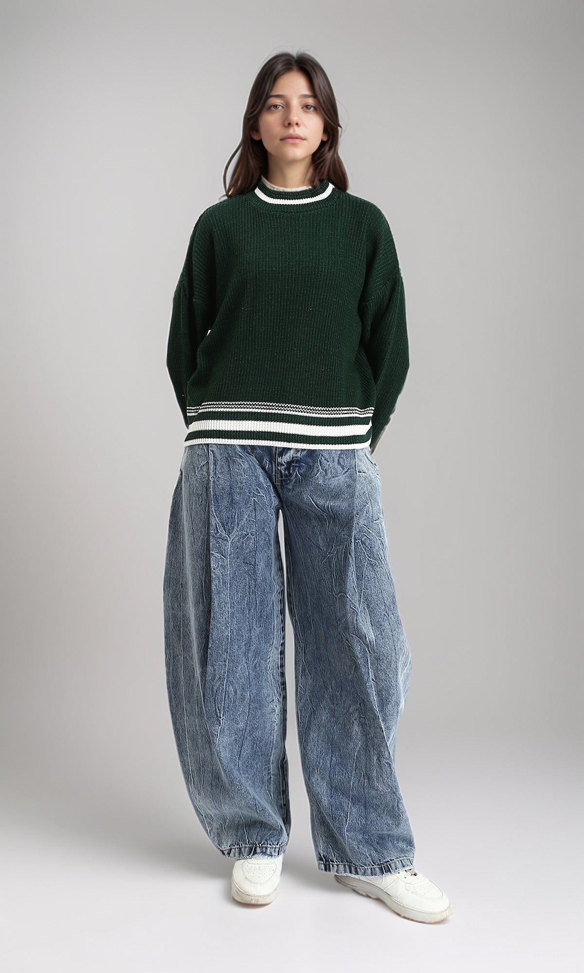 R213639 - Lined Mock Neck Knitted Pullover - Dark Green