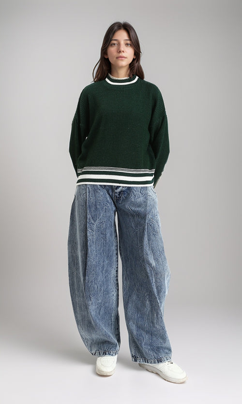 R213639 - Lined Mock Neck Knitted Pullover - Dark Green