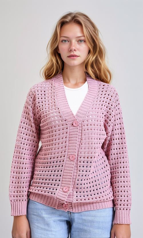 R213643 - V-Neck Buttoned Perforated Cardigan - Light Pink