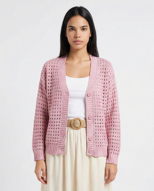 V-Neck Buttoned Perforated Cardigan - Light Pink