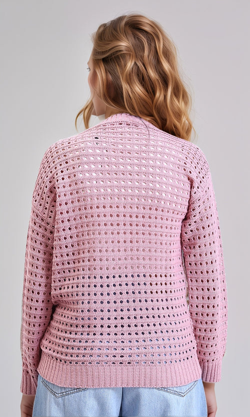 R213643 - V-Neck Buttoned Perforated Cardigan - Light Pink