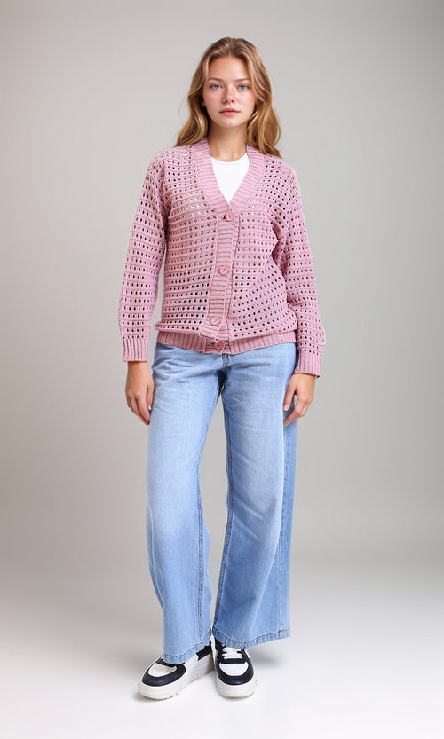 R213643 - V-Neck Buttoned Perforated Cardigan - Light Pink