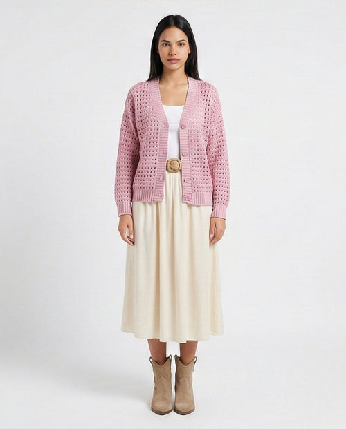 R213643 - V-Neck Buttoned Perforated Cardigan - Light Pink