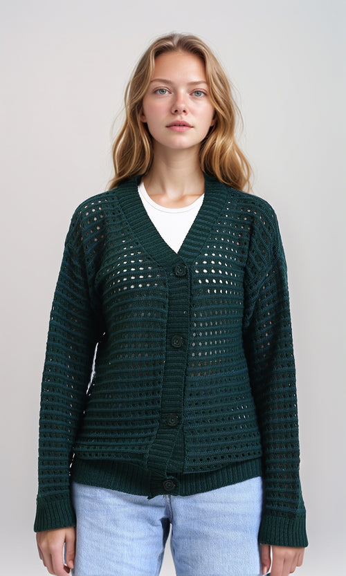 R213645 - V-Neck Buttoned Perforated Cardigan - Forest Green