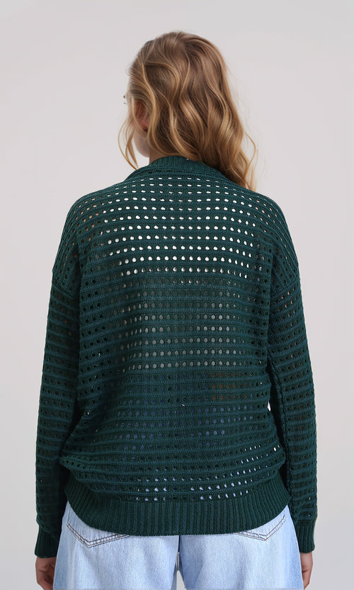 R213645 - V-Neck Buttoned Perforated Cardigan - Forest Green