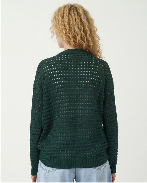 Women's Relaxed Open-Knit Crochet Cardigan - Forest Green