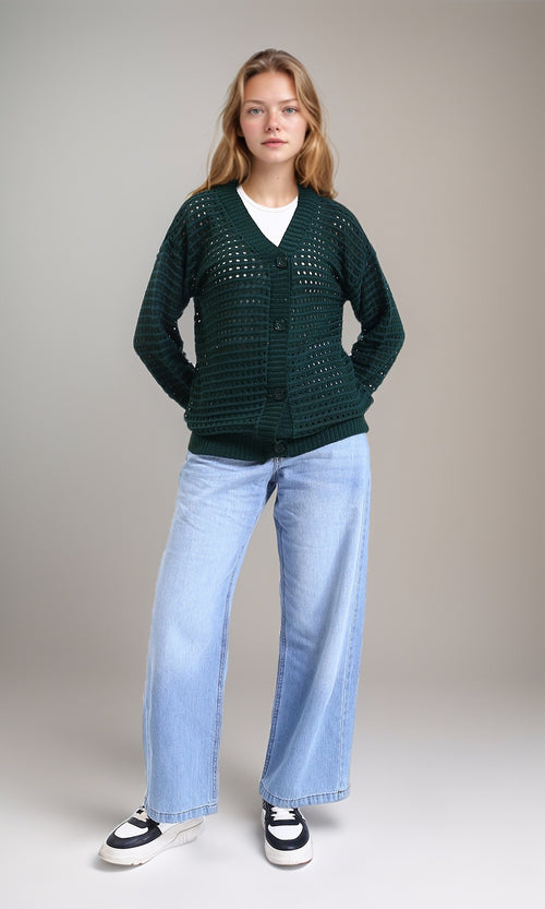 R213645 - V-Neck Buttoned Perforated Cardigan - Forest Green