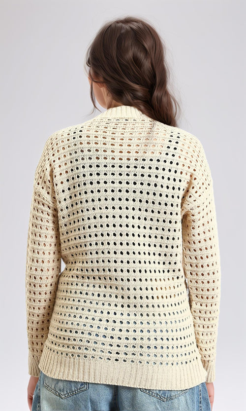 R213646 - Perforated Knit Buttoned Cardigan - Light Beige