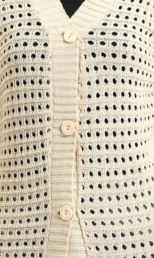 R213646 - Perforated Knit Buttoned Cardigan - Light Beige