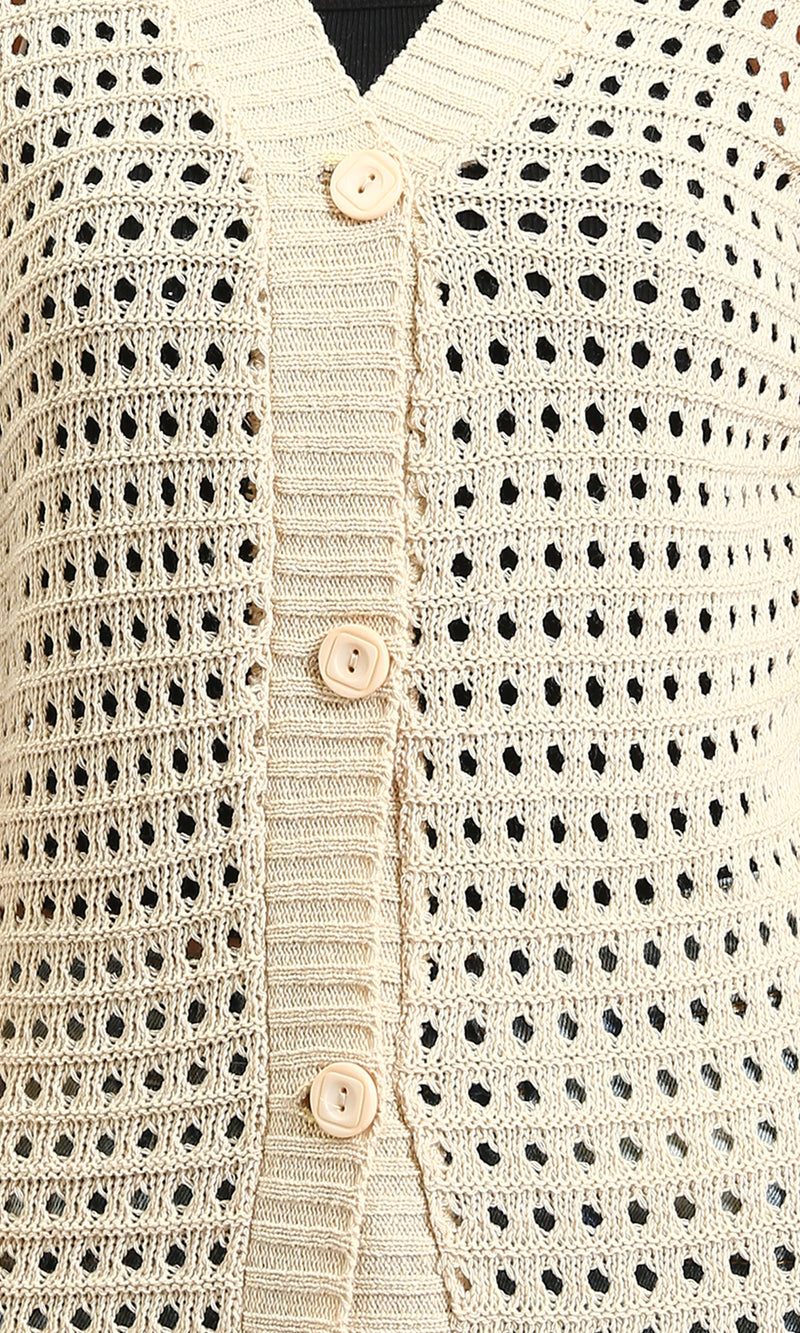 R213646 - Perforated Knit Buttoned Cardigan - Light Beige