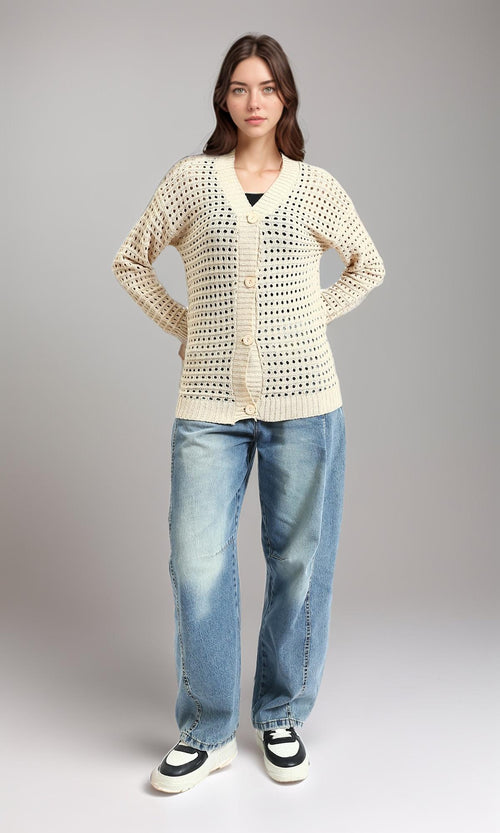 R213646 - Perforated Knit Buttoned Cardigan - Light Beige