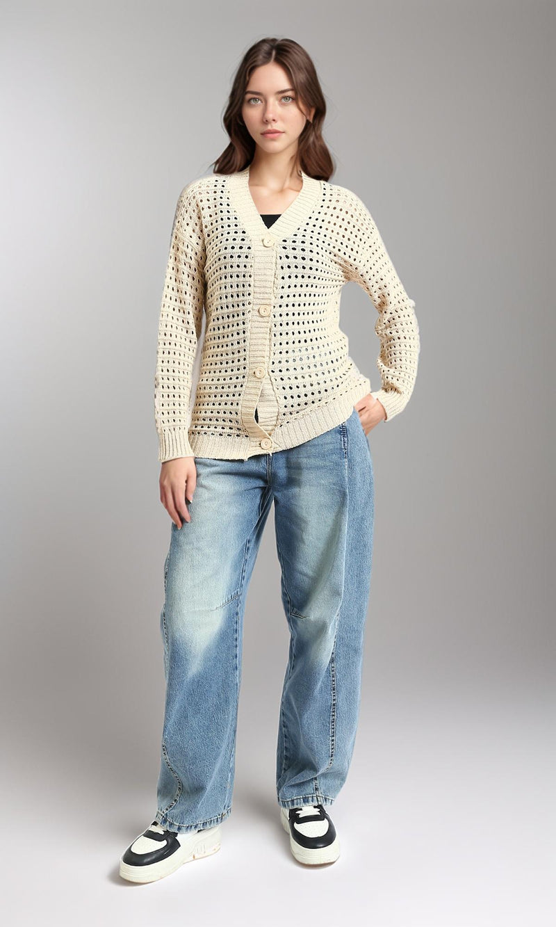 R213646 - Perforated Knit Buttoned Cardigan - Light Beige