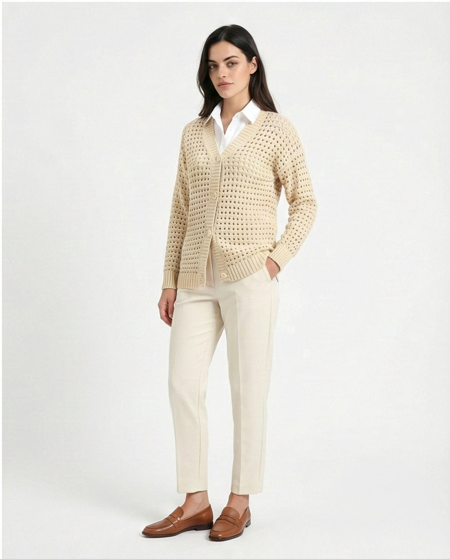 R213646 - Perforated Knit Buttoned Cardigan - Light Beige
