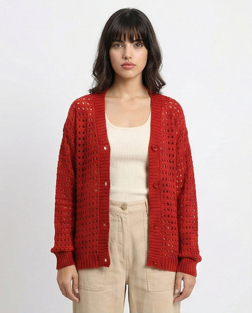 R213647 - Long Sleeves Buttoned Perforated Cardigan - Rust Red