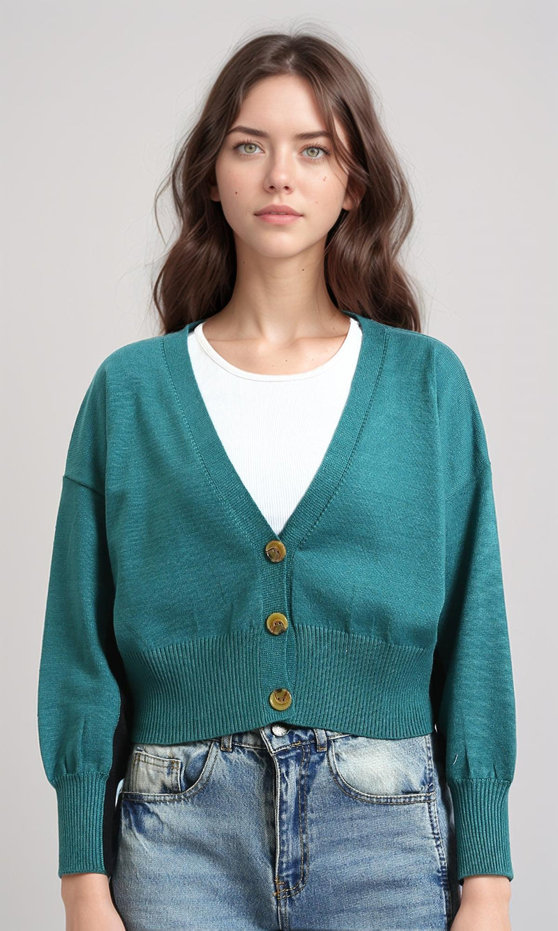 R213648 - Deep V-Neck Buttoned Short Cardigan - Light Teal