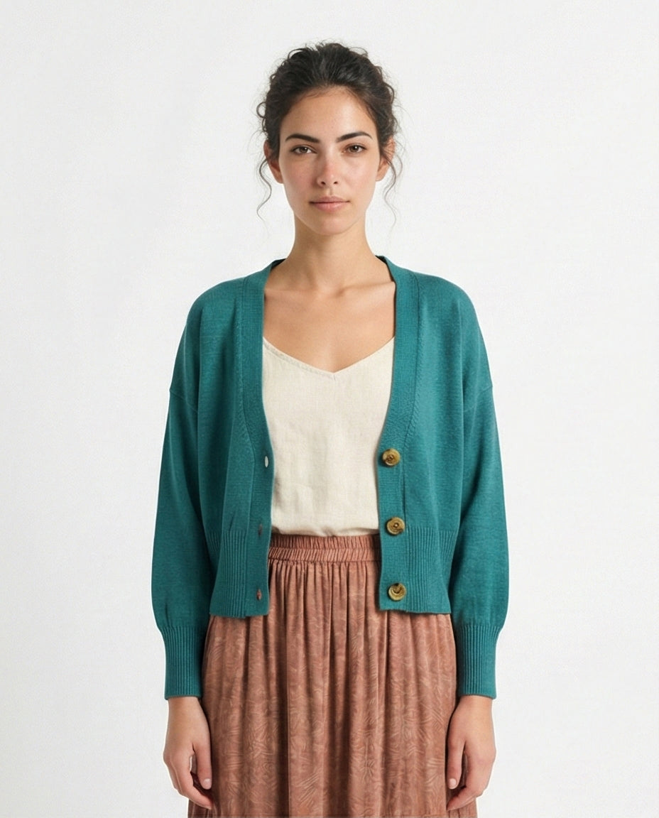 Deep V-Neck Buttoned Short Cardigan - Light Teal