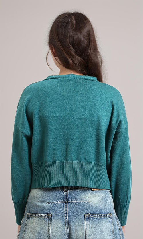 R213648 - Deep V-Neck Buttoned Short Cardigan - Light Teal