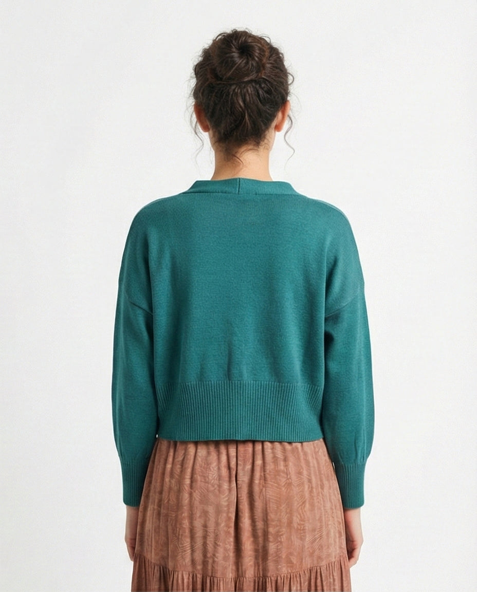 R213648 - Deep V-Neck Buttoned Short Cardigan - Light Teal