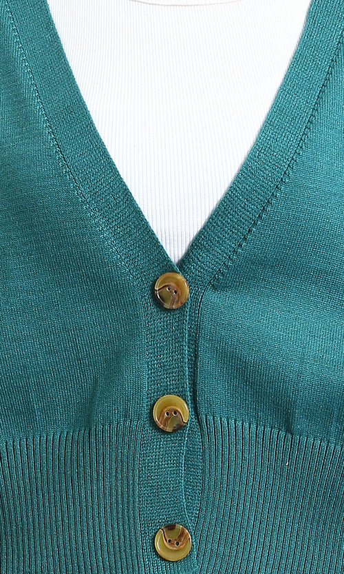 R213648 - Deep V-Neck Buttoned Short Cardigan - Light Teal