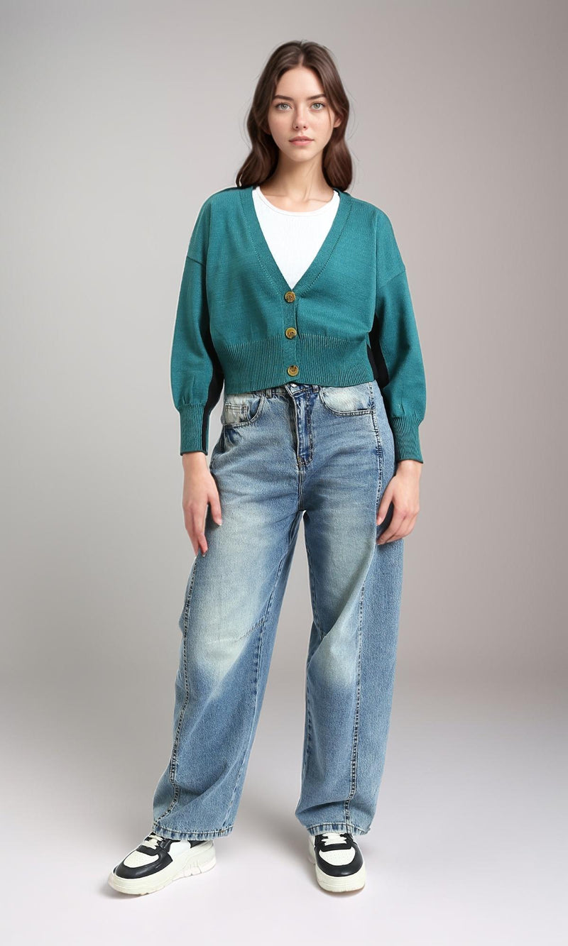 R213648 - Deep V-Neck Buttoned Short Cardigan - Light Teal