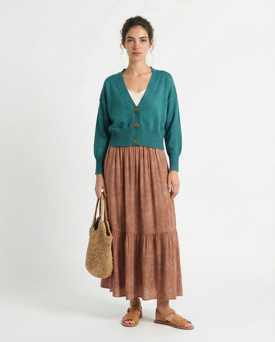 R213648 - Deep V-Neck Buttoned Short Cardigan - Light Teal