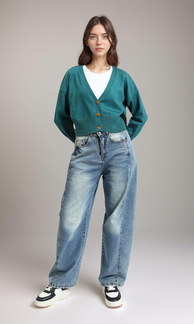 R213648 - Deep V-Neck Buttoned Short Cardigan - Light Teal