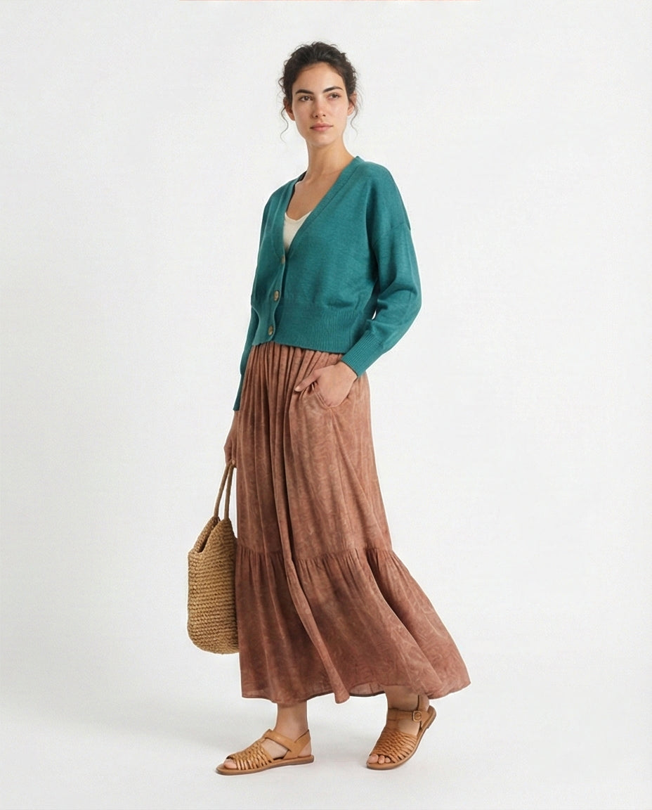 R213648 - Deep V-Neck Buttoned Short Cardigan - Light Teal