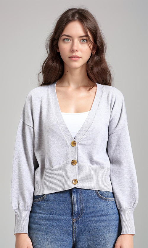 R213649 - Deep V-Neck Buttoned Short Cardigan - Light Grey