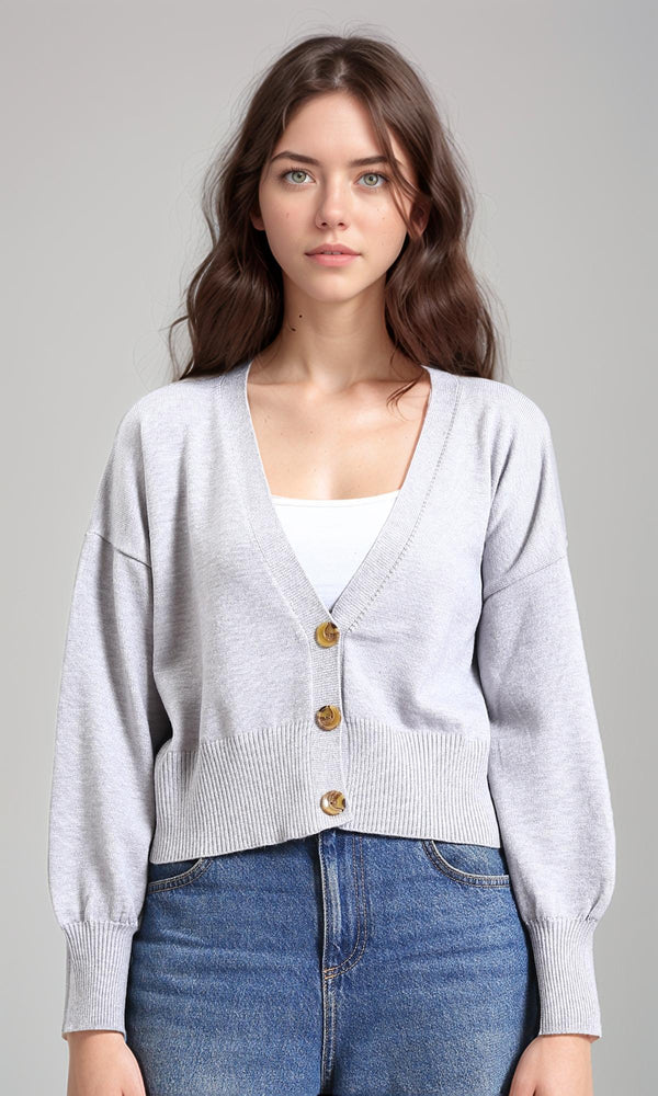 R213649 - Deep V-Neck Buttoned Short Cardigan - Light Grey