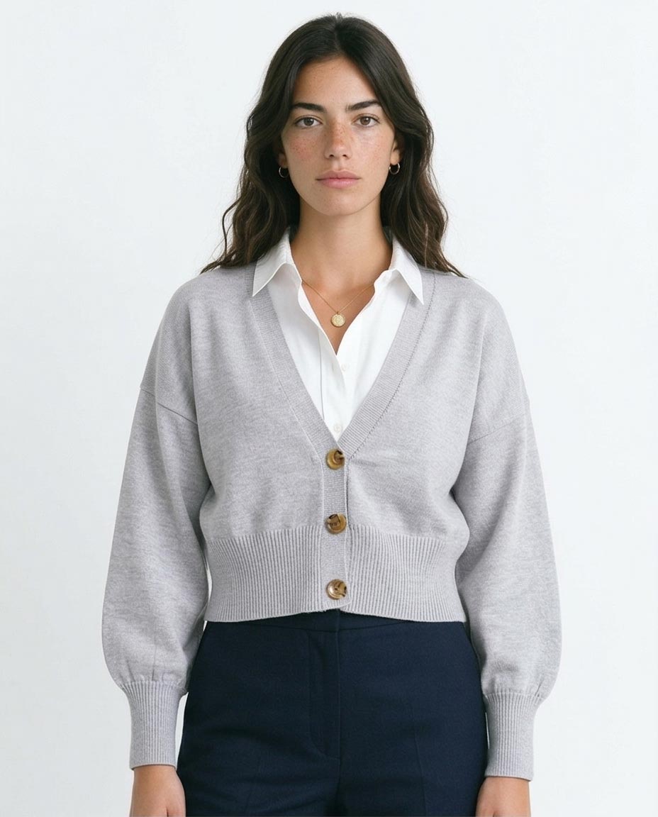 Women's Cropped V-Neck Knit Cardigan - Light Grey