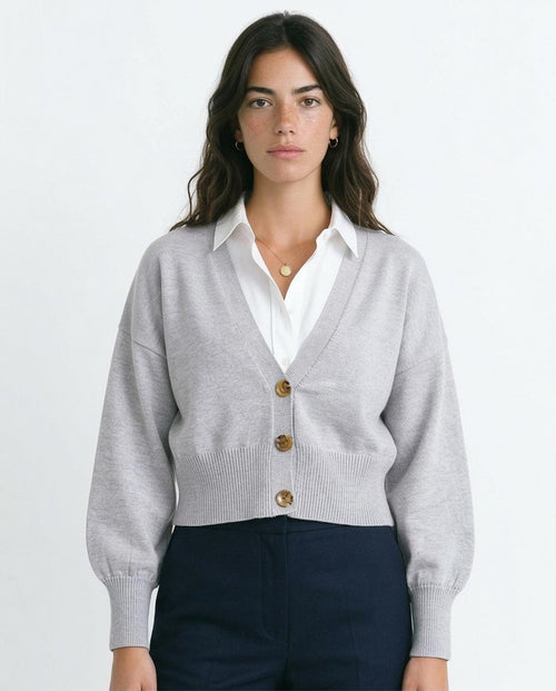 Women's Cropped V-Neck Knit Cardigan - Light Grey