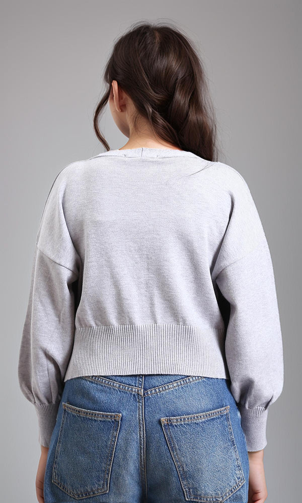 R213649 - Deep V-Neck Buttoned Short Cardigan - Light Grey