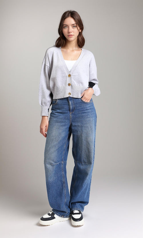 R213649 - Deep V-Neck Buttoned Short Cardigan - Light Grey