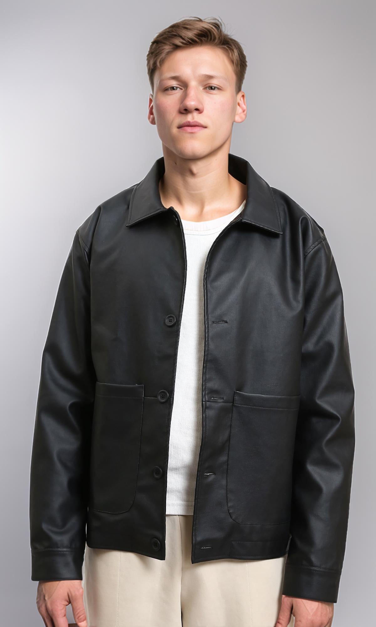 Black Winter Jacket with Pockets - Solid Polyester Coat for Men