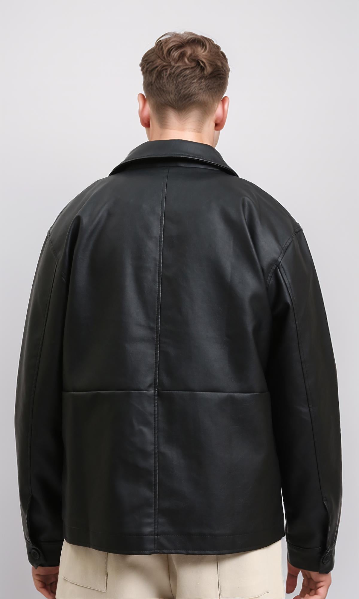 Black Winter Jacket with Pockets - Solid Polyester Coat for Men